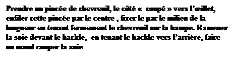 Zone de Texte: Prendre un pince de chevreuil, le ct   coup  vers lillet, enfiler cette pince par le centre , fixer le par le milieu de la longueur en tenant fermement le chevreuil sur la hampe. Ramener la soie devant le hackle,  en tenant le hackle vers larrire, faire un nud couper la soie
